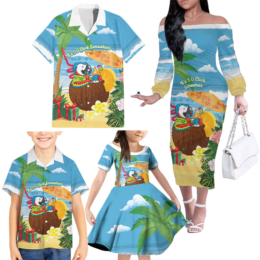 Chilling Parrot Hawaii Summer Christmas Personalized Family Matching Off The Shoulder Long Sleeve Dress and Hawaiian Shirt It's 5 O'Clock Somewhere Beachy Vibes