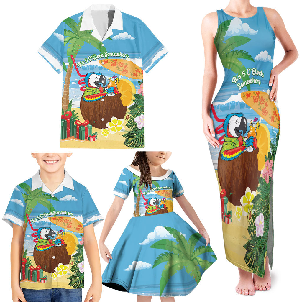 Chilling Parrot Hawaii Summer Christmas Personalized Family Matching Tank Maxi Dress and Hawaiian Shirt It's 5 O'Clock Somewhere Beachy Vibes