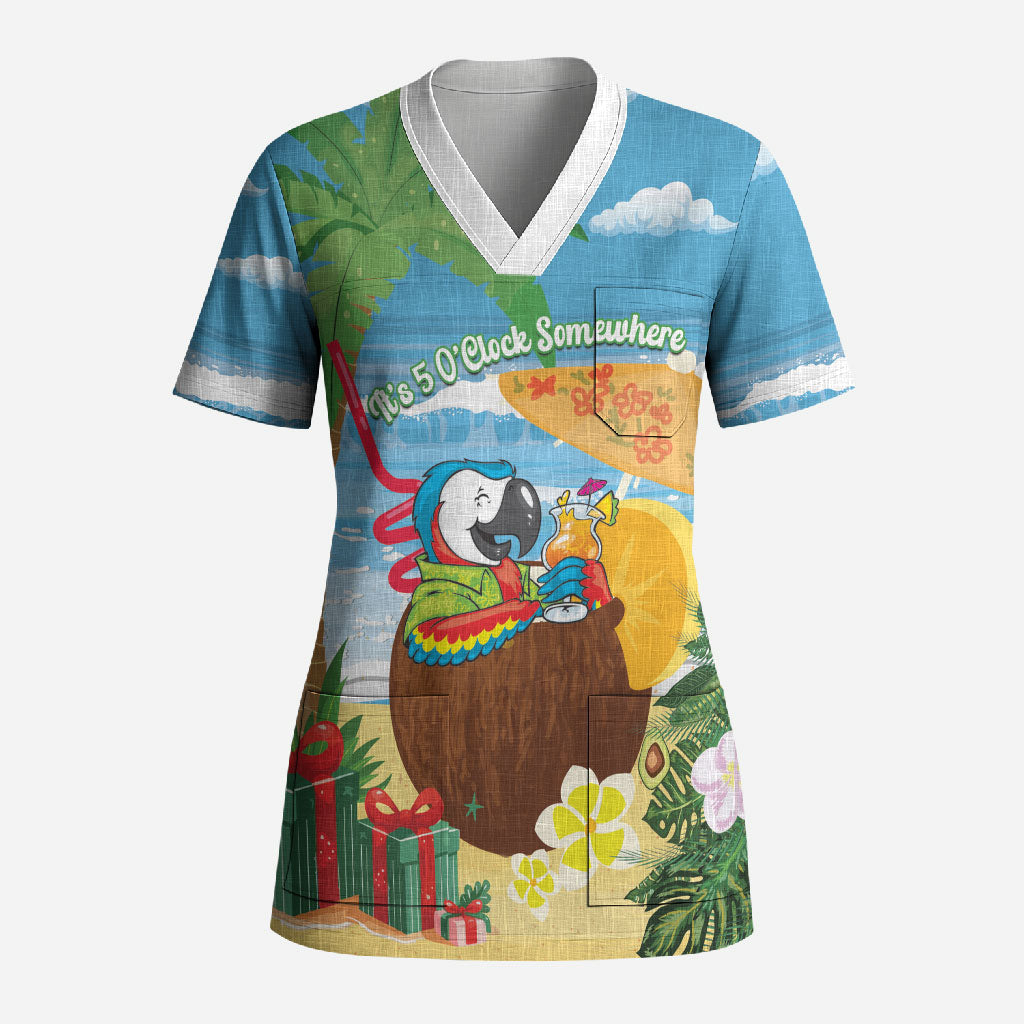 Chilling Parrot Hawaii Summer Christmas Personalized Scrub Top It's 5 O'Clock Somewhere Beachy Vibes