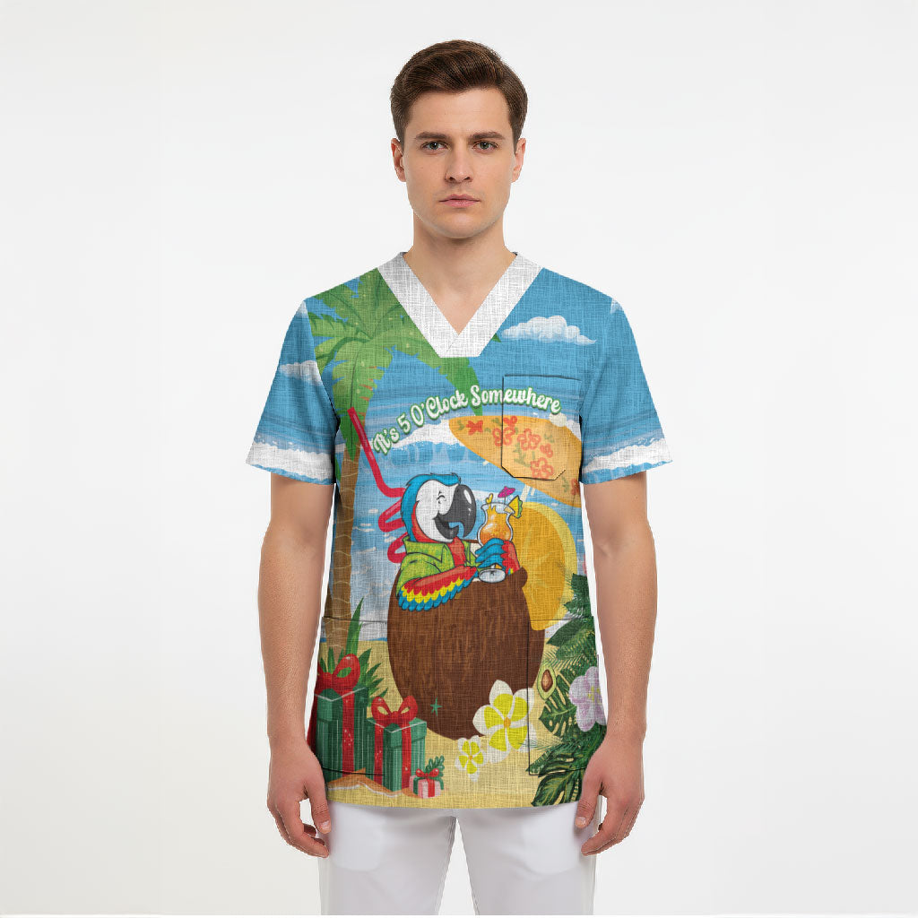 Chilling Parrot Hawaii Summer Christmas Personalized Scrub Top It's 5 O'Clock Somewhere Beachy Vibes
