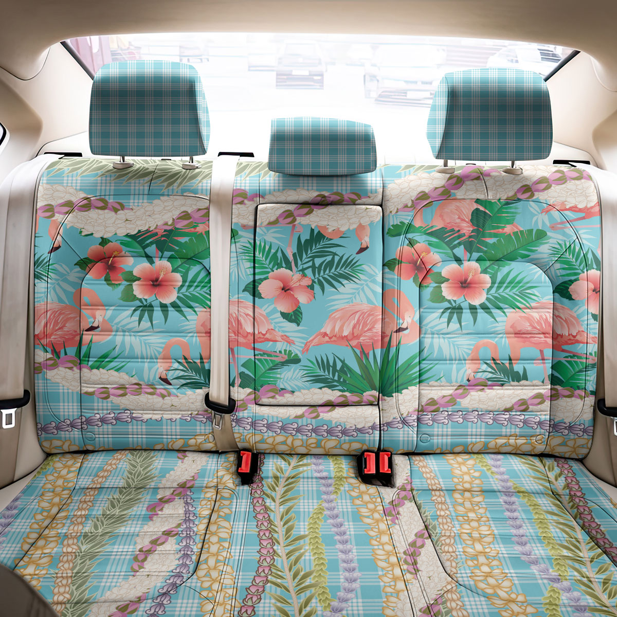 Flamingo Hawaii Summer Back Car Seat Cover Hawaiian Lei Pakala Motifs Tropical Style