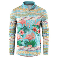 Flamingo Hawaii Summer Button Sweatshirt Hawaiian Lei Pakala Motifs Tropical Style