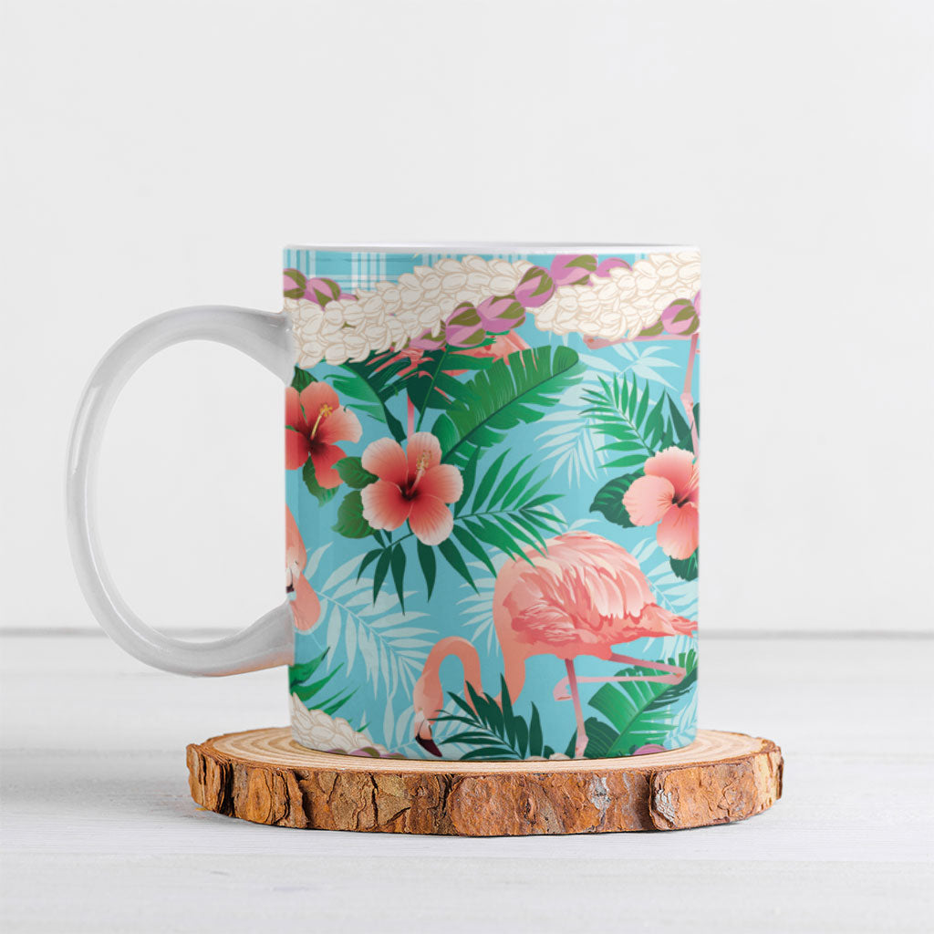 Flamingo Hawaii Summer Ceramic Mug Hawaiian Lei Pakala Motifs Tropical Style