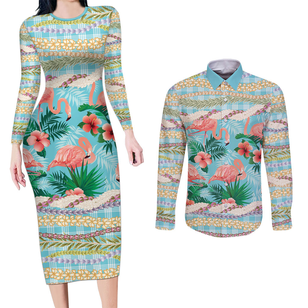 Flamingo Hawaii Summer Couples Matching Long Sleeve Bodycon Dress and Long Sleeve Button Shirt Hawaiian Lei Pakala Motifs Tropical Style