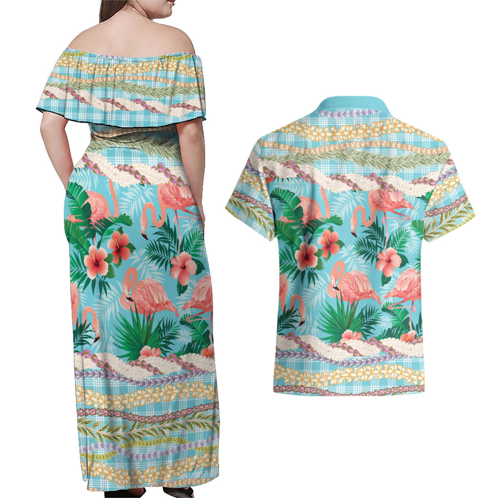 Flamingo Hawaii Summer Couples Matching Off Shoulder Maxi Dress and Hawaiian Shirt Hawaiian Lei Pakala Motifs Tropical Style