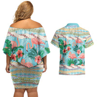 Flamingo Hawaii Summer Couples Matching Off Shoulder Short Dress and Hawaiian Shirt Hawaiian Lei Pakala Motifs Tropical Style