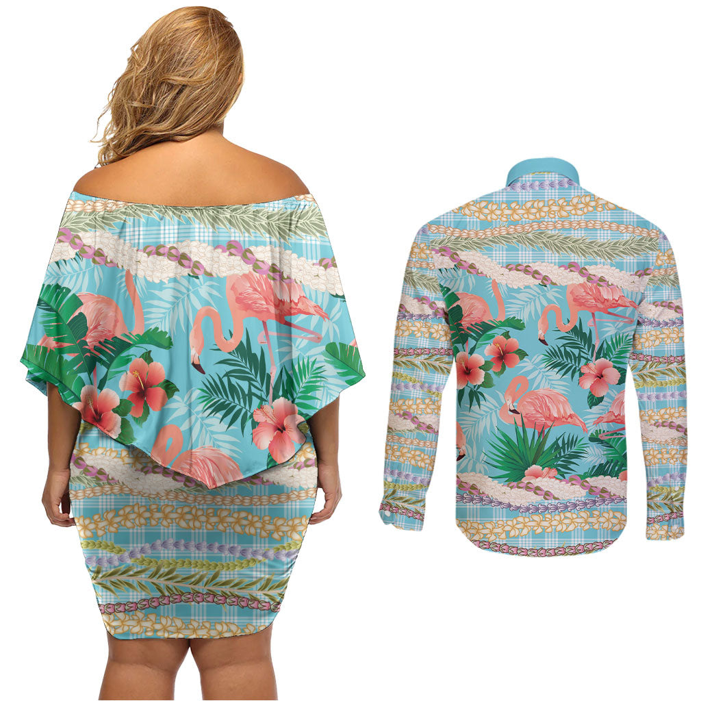 Flamingo Hawaii Summer Couples Matching Off Shoulder Short Dress and Long Sleeve Button Shirt Hawaiian Lei Pakala Motifs Tropical Style