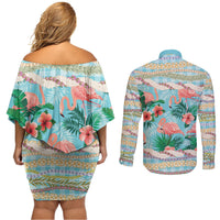 Flamingo Hawaii Summer Couples Matching Off Shoulder Short Dress and Long Sleeve Button Shirt Hawaiian Lei Pakala Motifs Tropical Style