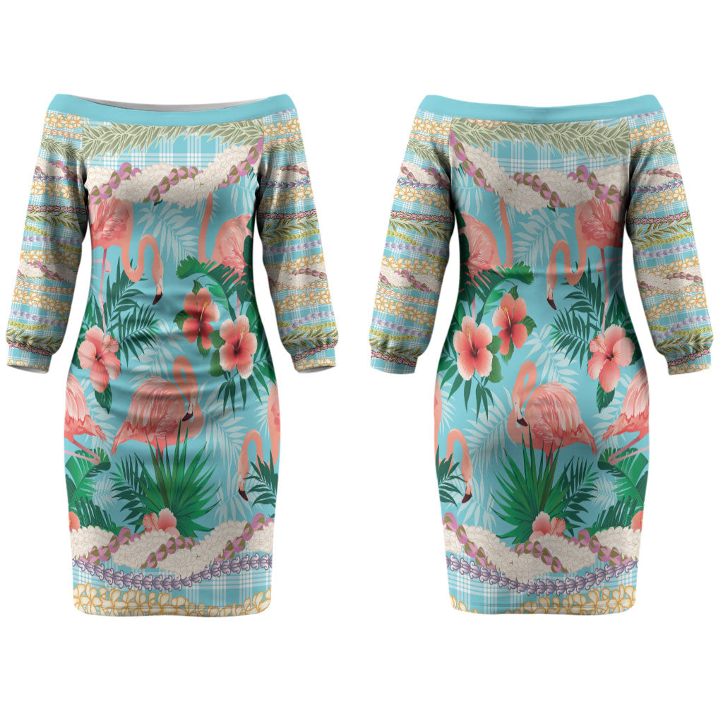 Flamingo Hawaii Summer Couples Matching Off The Shoulder Long Sleeve Dress and Hawaiian Shirt Hawaiian Lei Pakala Motifs Tropical Style LT14 - Polynesian Pride
