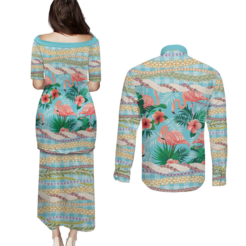Flamingo Hawaii Summer Couples Matching Puletasi and Long Sleeve Button Shirt Hawaiian Lei Pakala Motifs Tropical Style