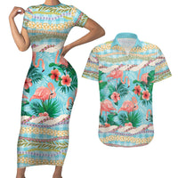 Flamingo Hawaii Summer Couples Matching Short Sleeve Bodycon Dress and Hawaiian Shirt Hawaiian Lei Pakala Motifs Tropical Style