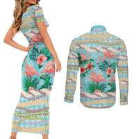 Flamingo Hawaii Summer Couples Matching Short Sleeve Bodycon Dress and Long Sleeve Button Shirt Hawaiian Lei Pakala Motifs Tropical Style