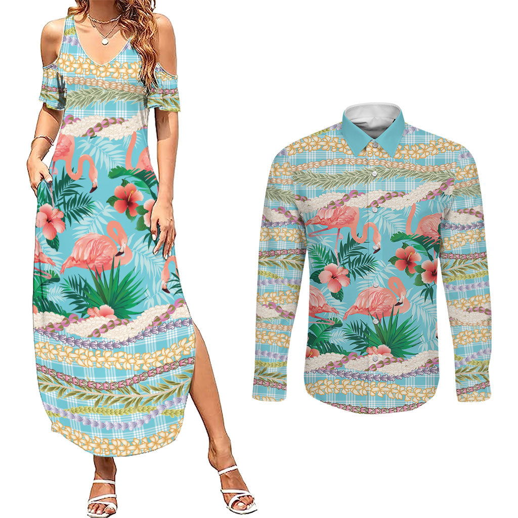 Flamingo Hawaii Summer Couples Matching Summer Maxi Dress and Long Sleeve Button Shirt Hawaiian Lei Pakala Motifs Tropical Style