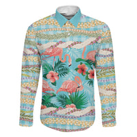 Flamingo Hawaii Summer Family Matching Off The Shoulder Long Sleeve Dress and Hawaiian Shirt Hawaiian Lei Pakala Motifs Tropical Style