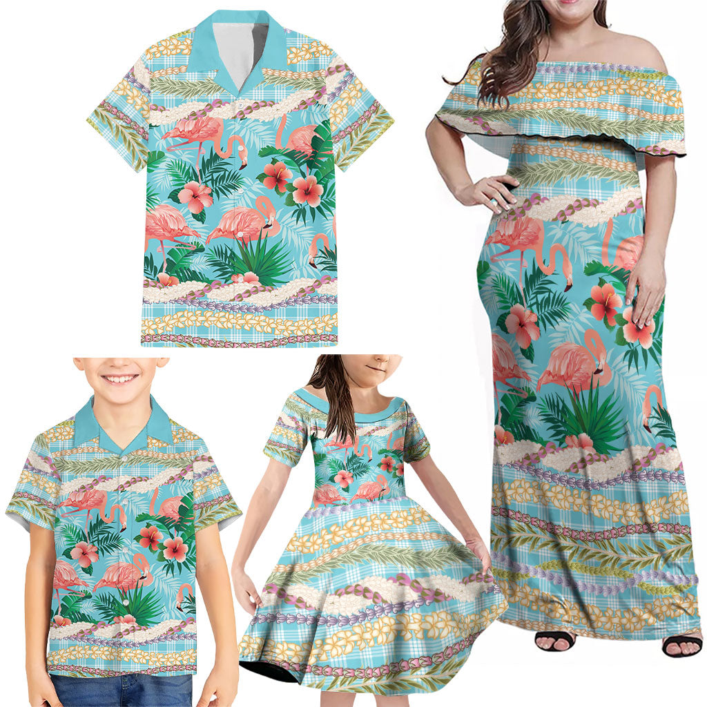 Flamingo Hawaii Summer Family Matching Off Shoulder Maxi Dress and Hawaiian Shirt Hawaiian Lei Pakala Motifs Tropical Style