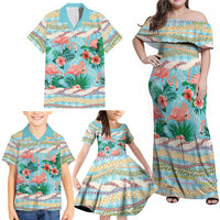 Flamingo Hawaii Summer Family Matching Off Shoulder Maxi Dress and Hawaiian Shirt Hawaiian Lei Pakala Motifs Tropical Style
