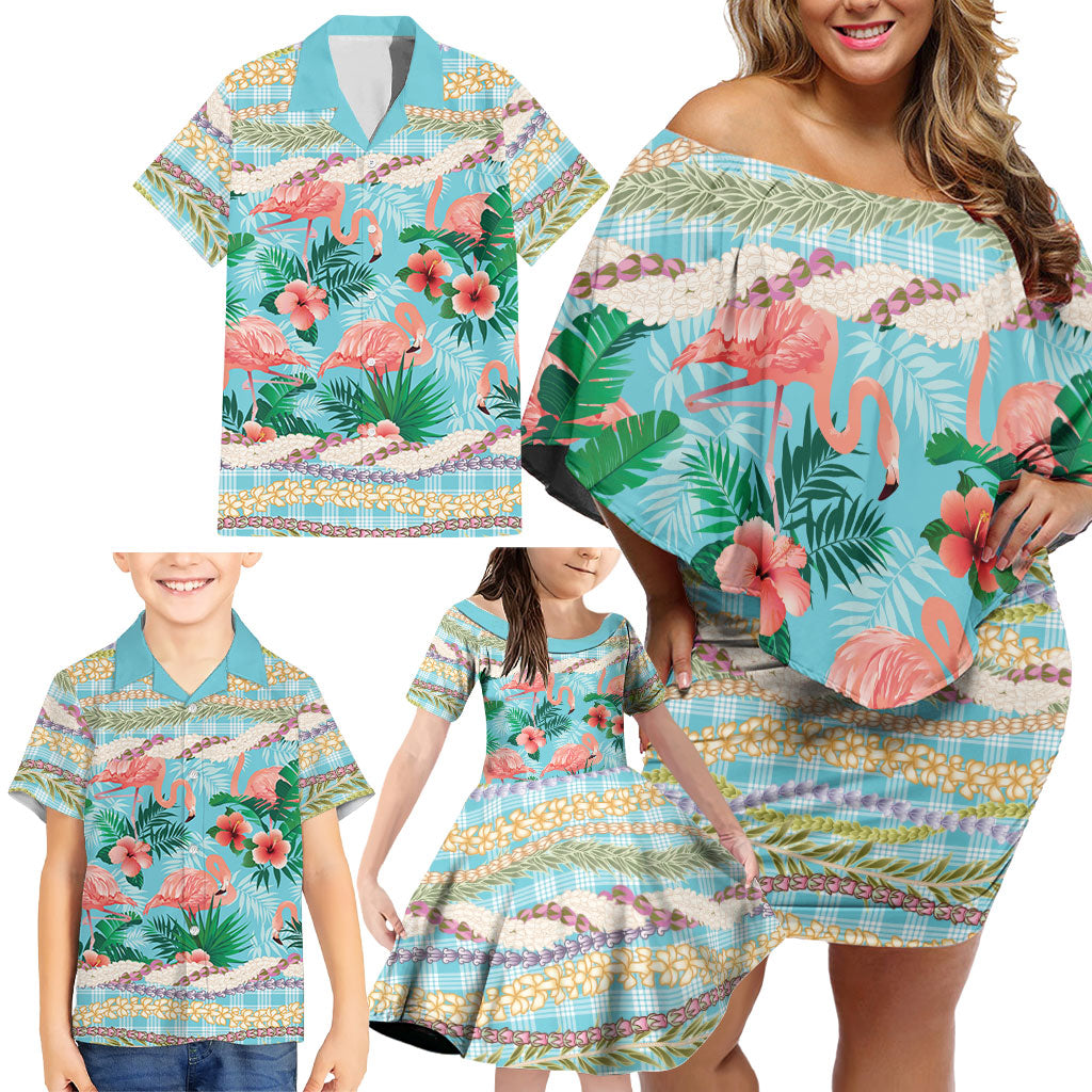 Flamingo Hawaii Summer Family Matching Off Shoulder Short Dress and Hawaiian Shirt Hawaiian Lei Pakala Motifs Tropical Style