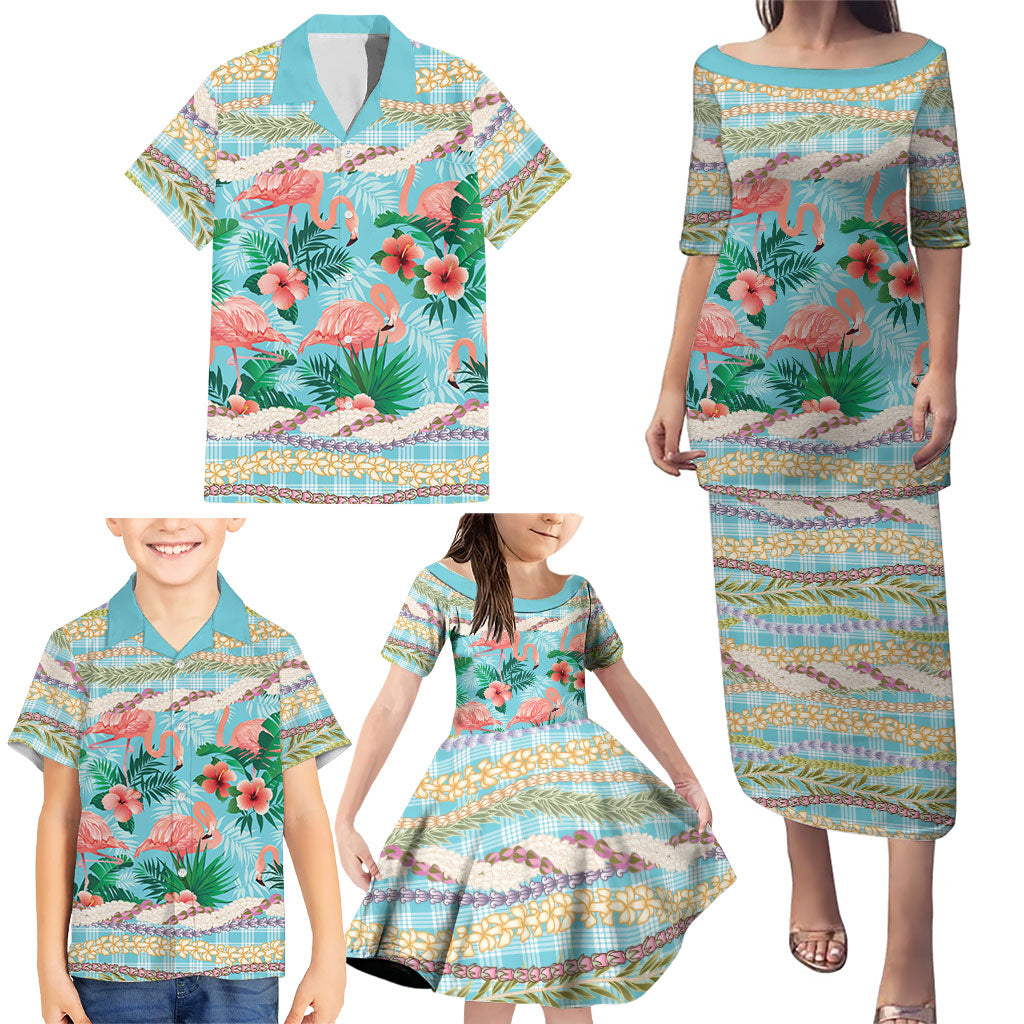 Flamingo Hawaii Summer Family Matching Puletasi and Hawaiian Shirt Hawaiian Lei Pakala Motifs Tropical Style
