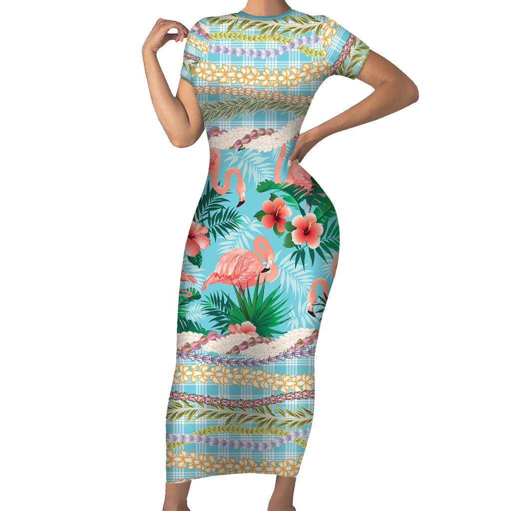 Flamingo Hawaii Summer Family Matching Short Sleeve Bodycon Dress and Hawaiian Shirt Hawaiian Lei Pakala Motifs Tropical Style