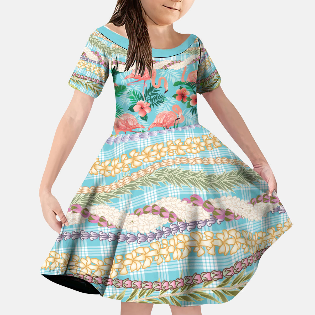 Flamingo Hawaii Summer Kid Short Sleeve Dress Hawaiian Lei Pakala Motifs Tropical Style