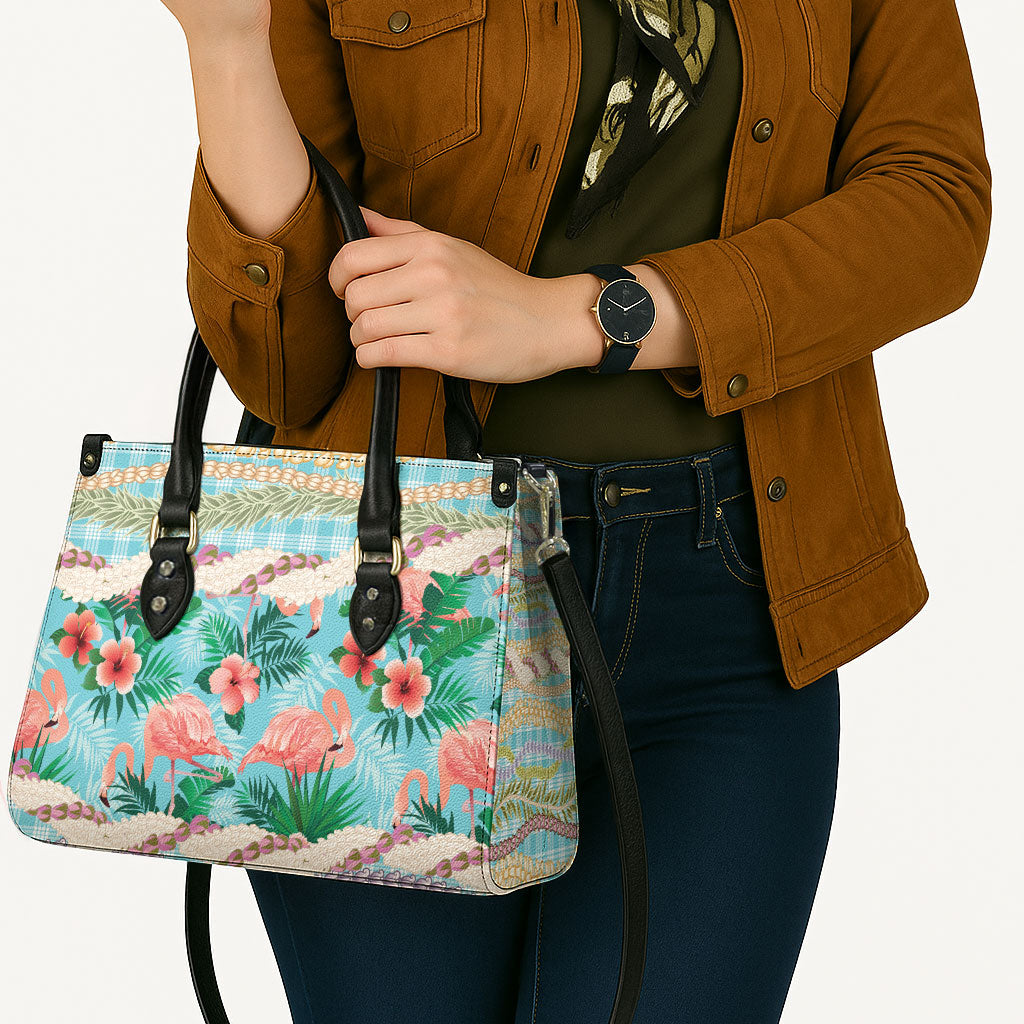 Flamingo Hawaii Summer Leather Bag Hawaiian Lei Pakala Motifs Tropical Style