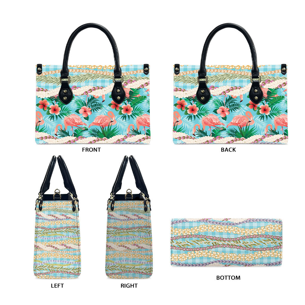 Flamingo Hawaii Summer Leather Bag Hawaiian Lei Pakala Motifs Tropical Style