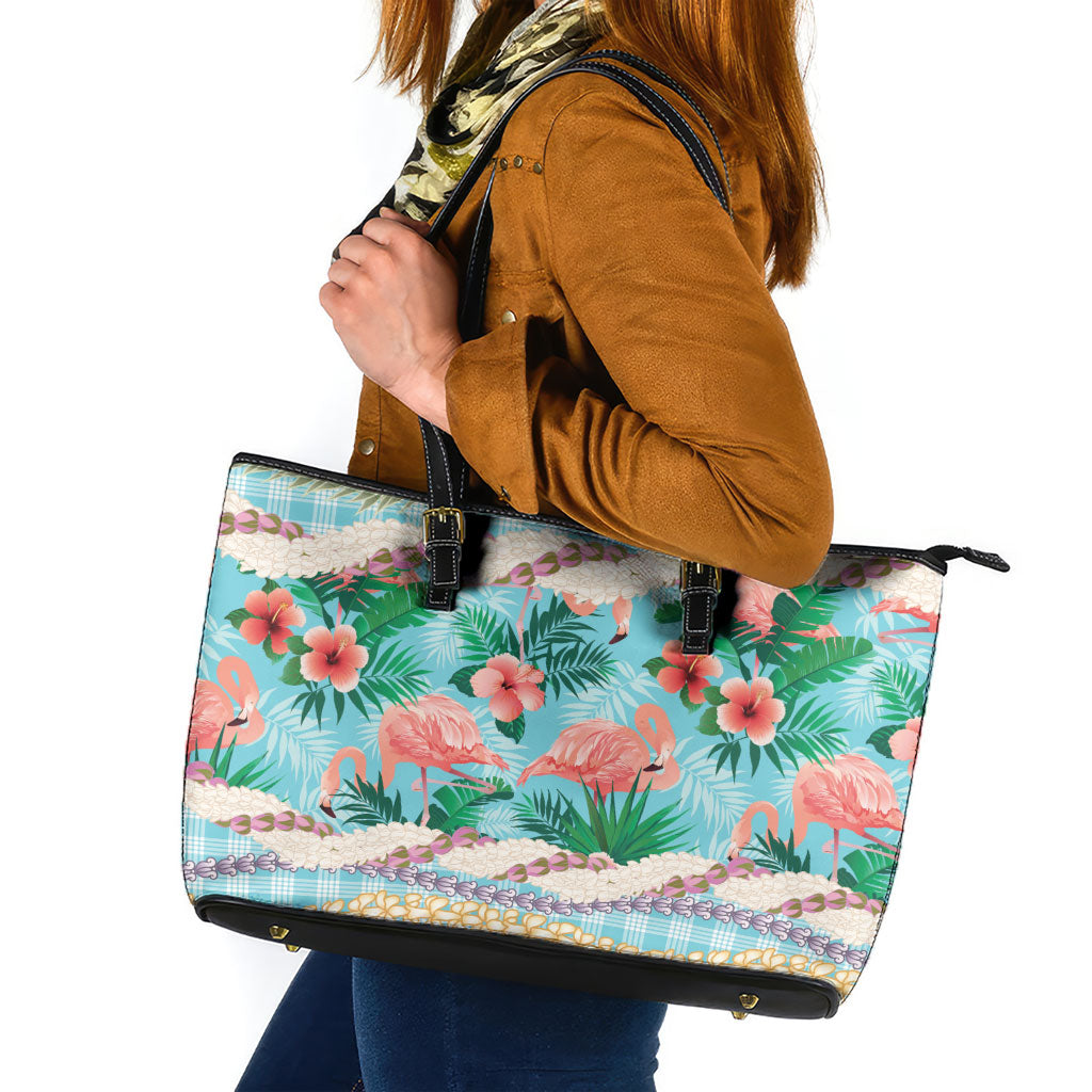 Flamingo Hawaii Summer Leather Tote Bag Hawaiian Lei Pakala Motifs Tropical Style