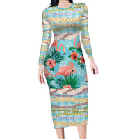 Flamingo Hawaii Summer Long Sleeve Bodycon Dress Hawaiian Lei Pakala Motifs Tropical Style