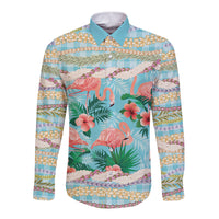 Flamingo Hawaii Summer Long Sleeve Button Shirt Hawaiian Lei Pakala Motifs Tropical Style