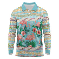 Flamingo Hawaii Summer Long Sleeve Polo Shirt Hawaiian Lei Pakala Motifs Tropical Style