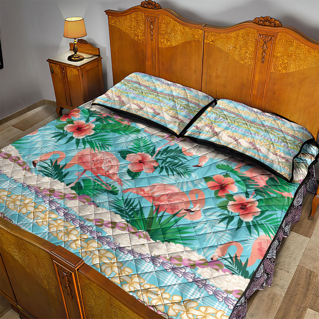 Flamingo Hawaii Summer Quilt Bed Set Hawaiian Lei Pakala Motifs Tropical Style