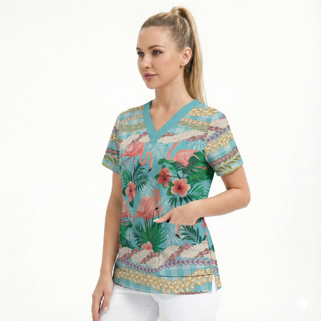 Flamingo Hawaii Summer Scrub Top Hawaiian Lei Pakala Motifs Tropical Style