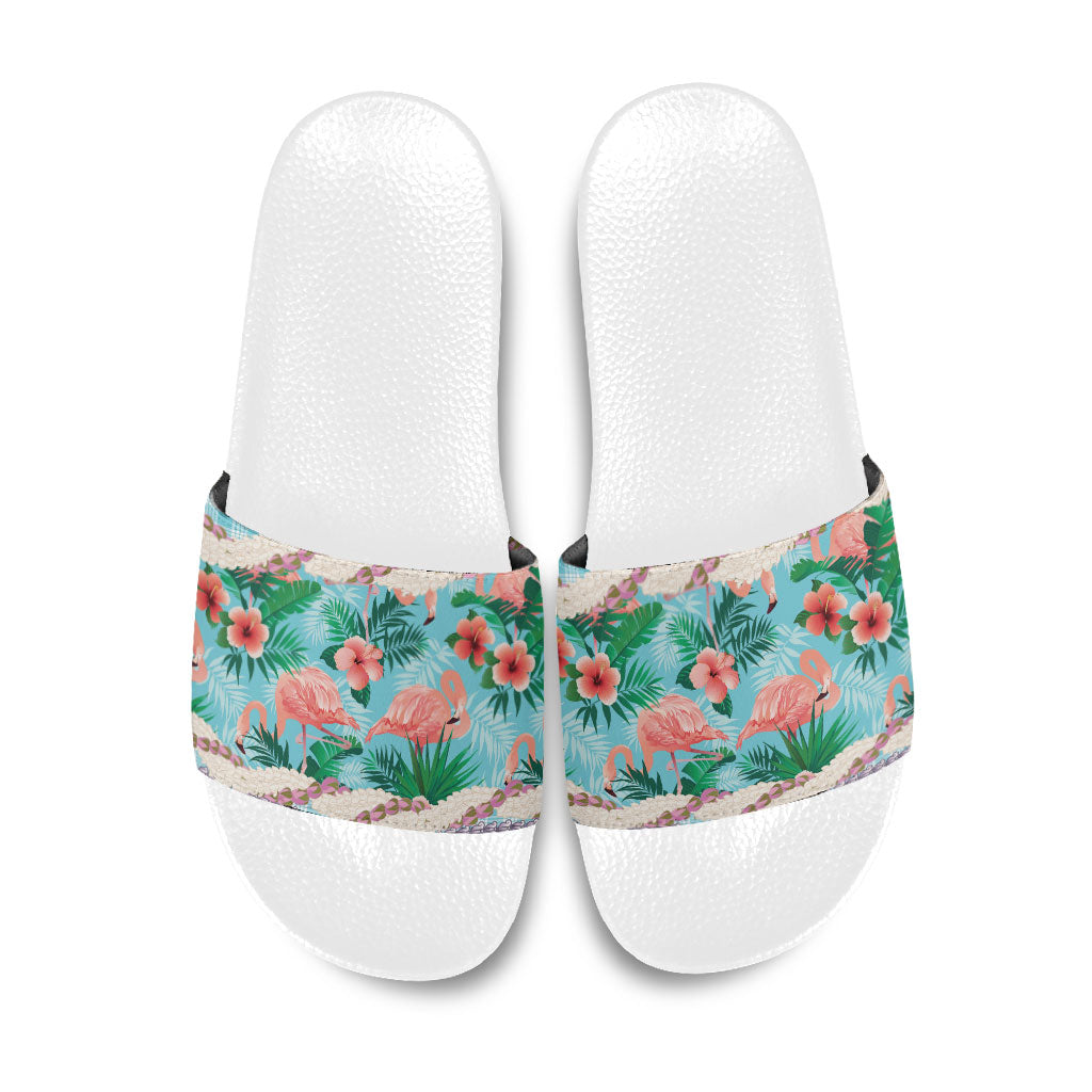 Flamingo Hawaii Summer Slide Sandals Hawaiian Lei Pakala Motifs Tropical Style