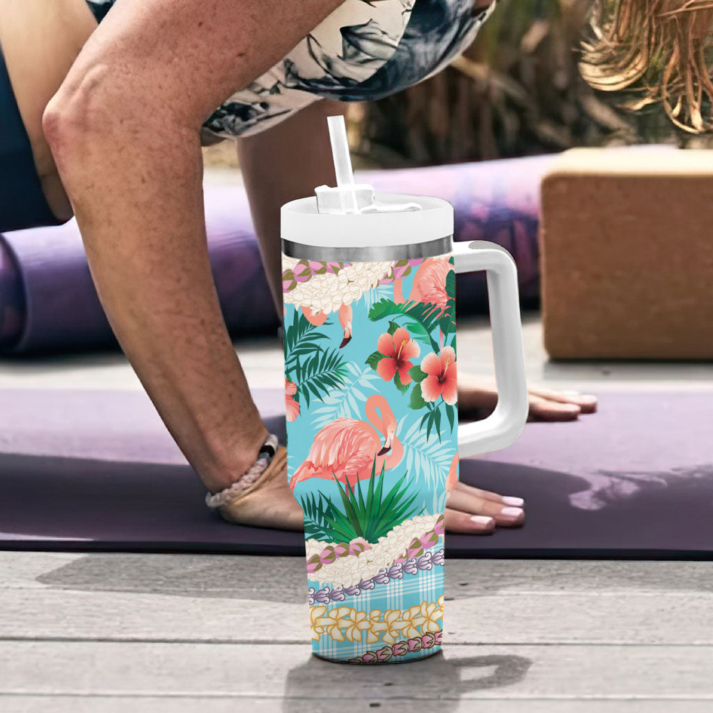 Flamingo Hawaii Summer Tumbler With Handle Hawaiian Lei Pakala Motifs Tropical Style