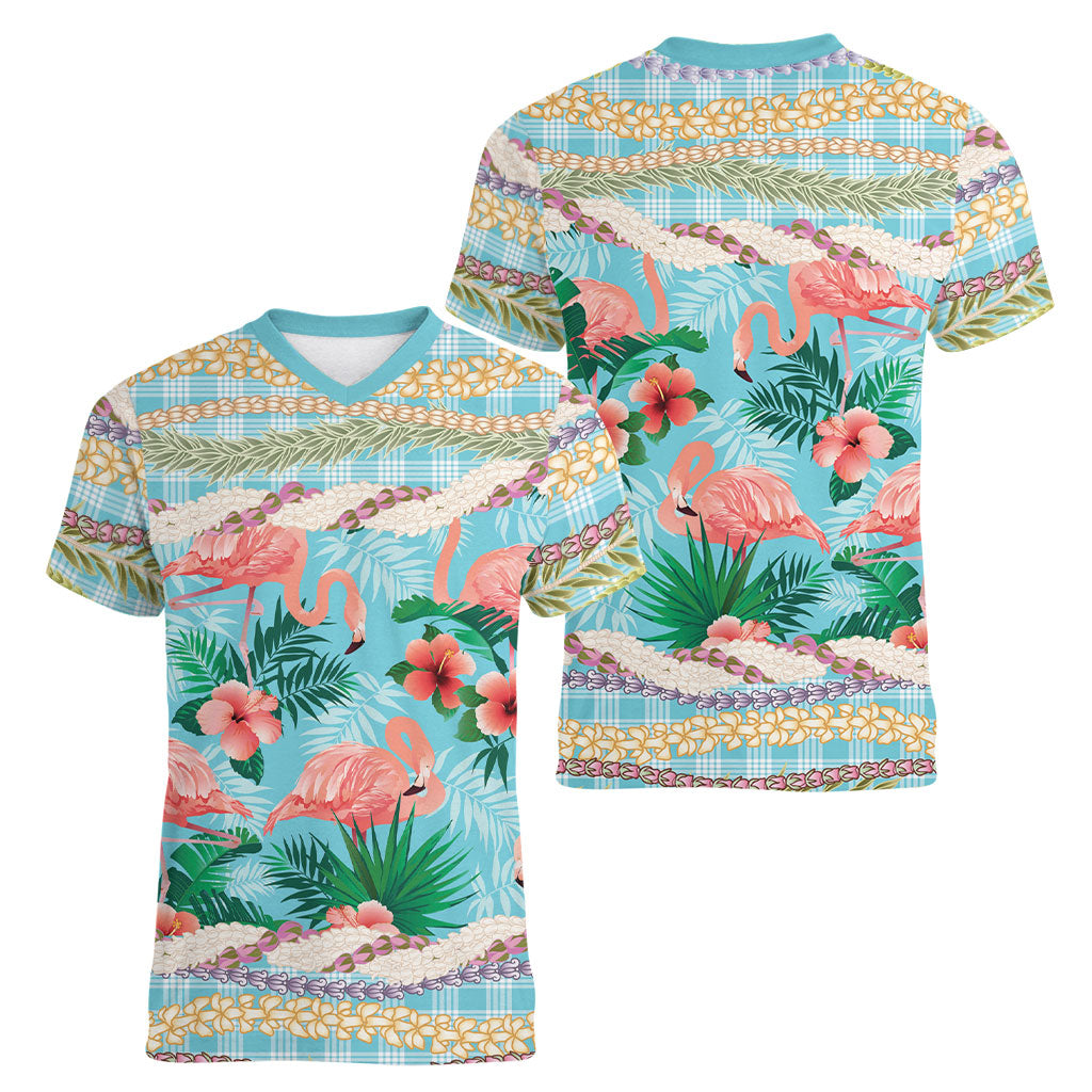 Flamingo Hawaii Summer Women V-Neck T-Shirt Hawaiian Lei Pakala Motifs Tropical Style