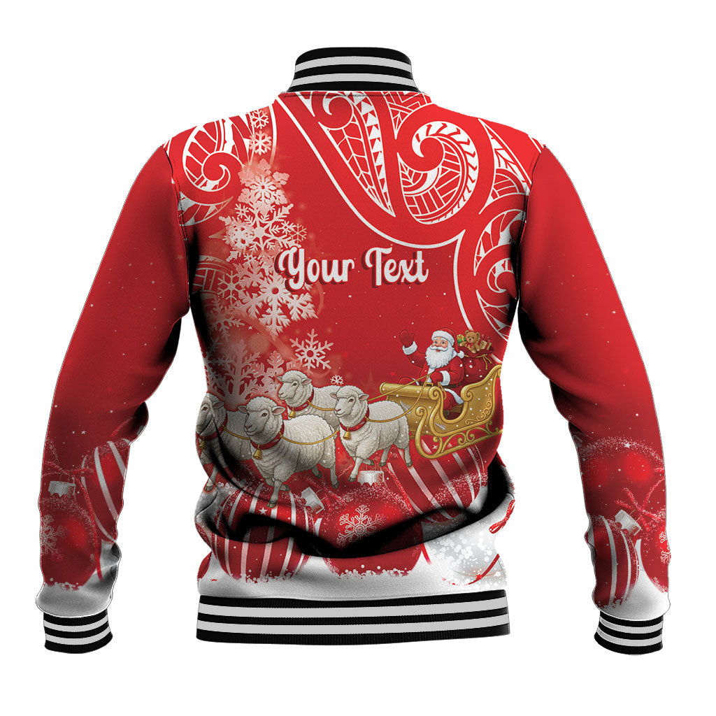 New Zealand Christmas In July Personalised Baseball Jacket Funny Santa Sheep Meri Kirihimete Red