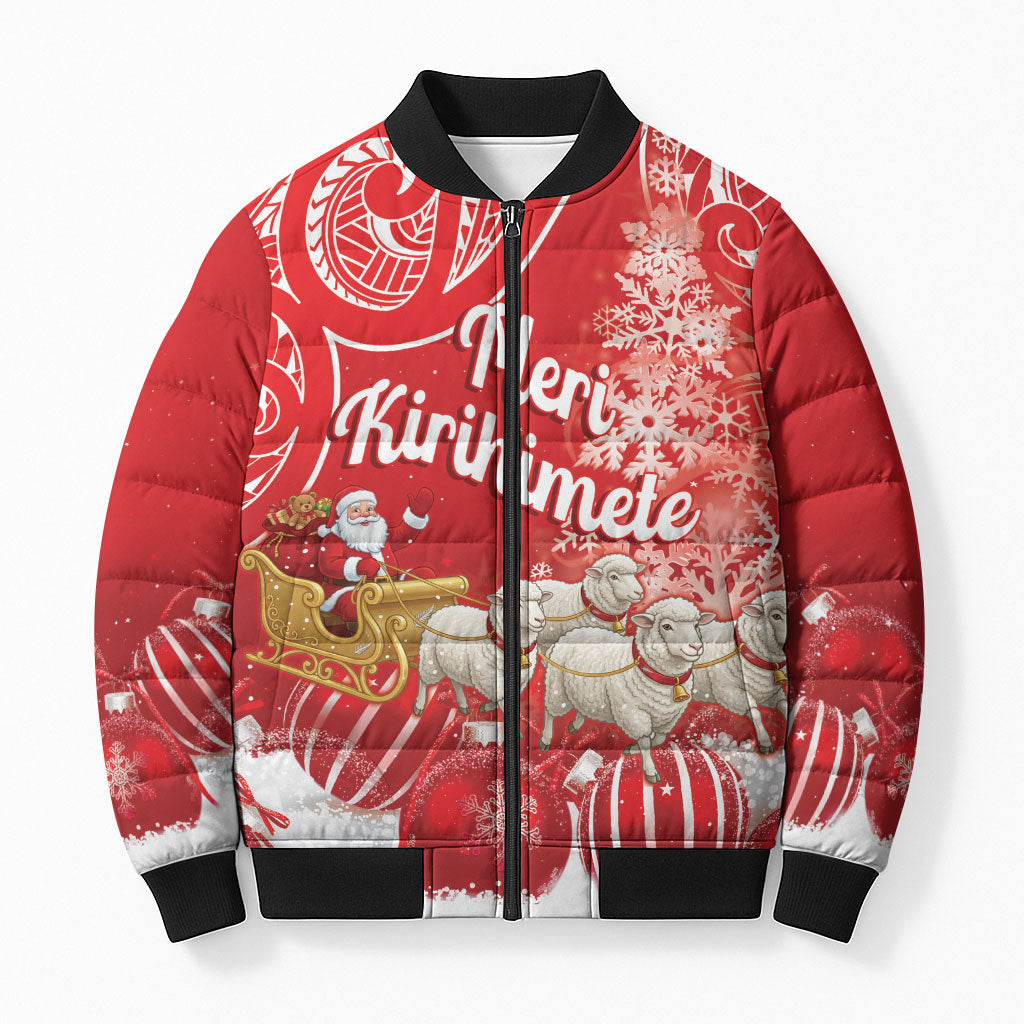 New Zealand Christmas In July Personalised Bomber Puffer Jacket Funny Santa Sheep Meri Kirihimete Red
