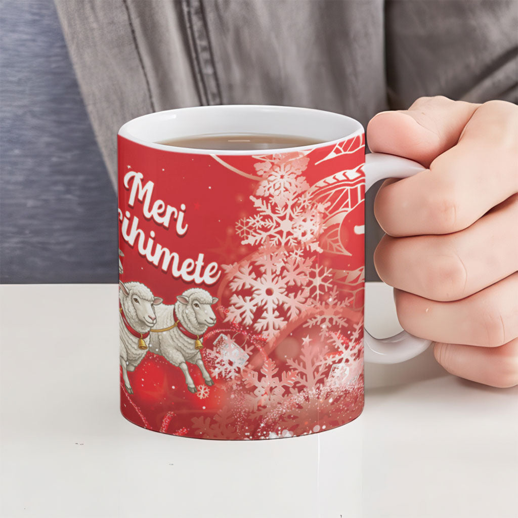New Zealand Christmas In July Personalised Ceramic Mug Funny Santa Sheep Meri Kirihimete Red