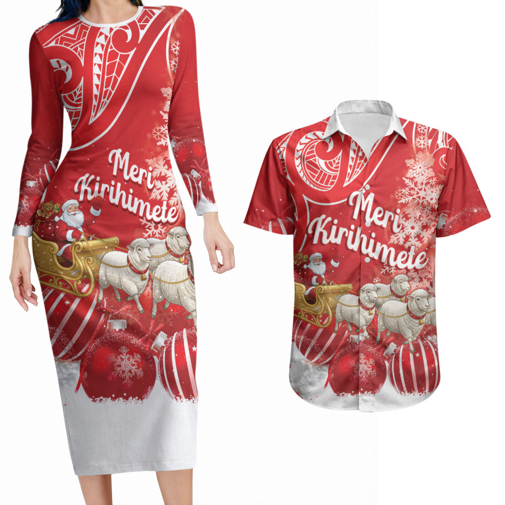 New Zealand Christmas In July Personalised Couples Matching Long Sleeve Bodycon Dress and Hawaiian Shirt Funny Santa Sheep Meri Kirihimete Red LT14 Red - Polynesian Pride