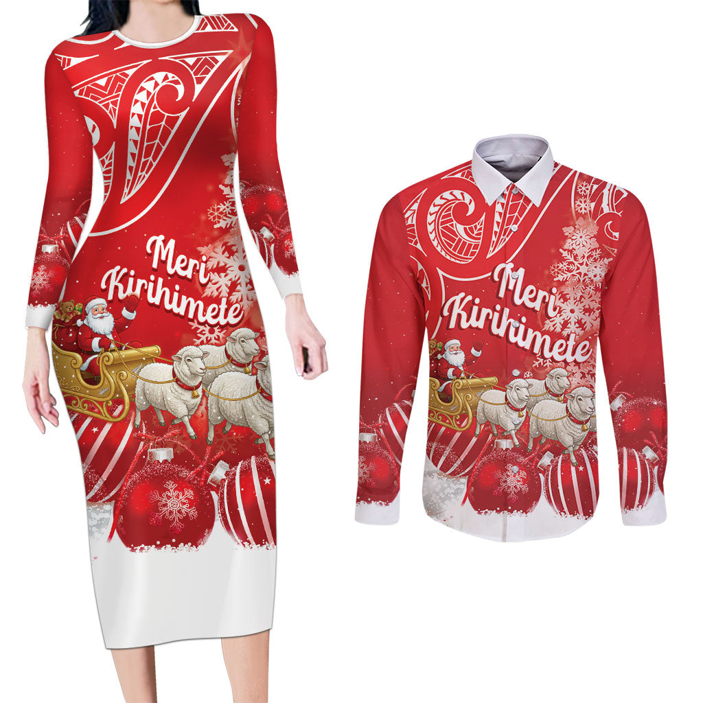 New Zealand Christmas In July Personalised Couples Matching Long Sleeve Bodycon Dress and Long Sleeve Button Shirt Funny Santa Sheep Meri Kirihimete Red