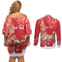 New Zealand Christmas In July Personalised Couples Matching Off Shoulder Short Dress and Long Sleeve Button Shirt Funny Santa Sheep Meri Kirihimete Red
