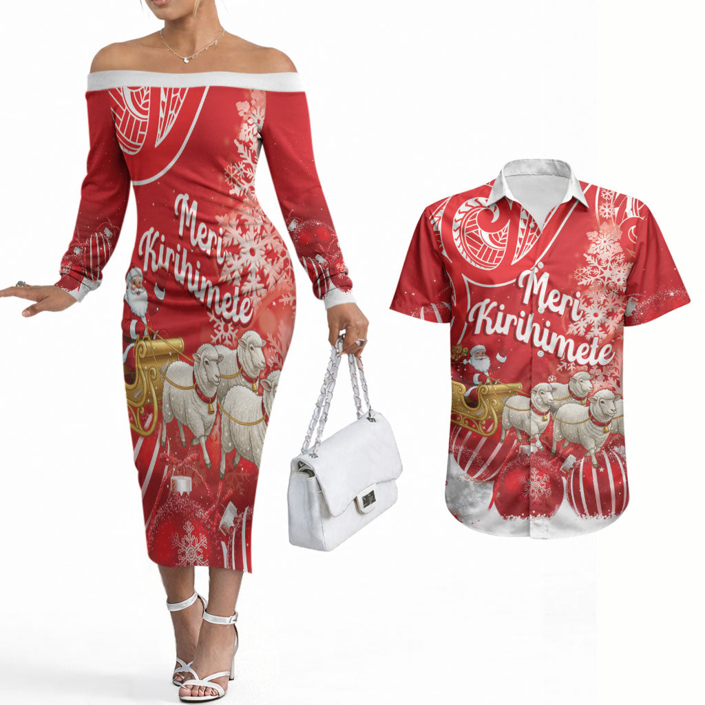 New Zealand Christmas In July Personalised Couples Matching Off The Shoulder Long Sleeve Dress and Hawaiian Shirt Funny Santa Sheep Meri Kirihimete Red LT14 Red - Polynesian Pride