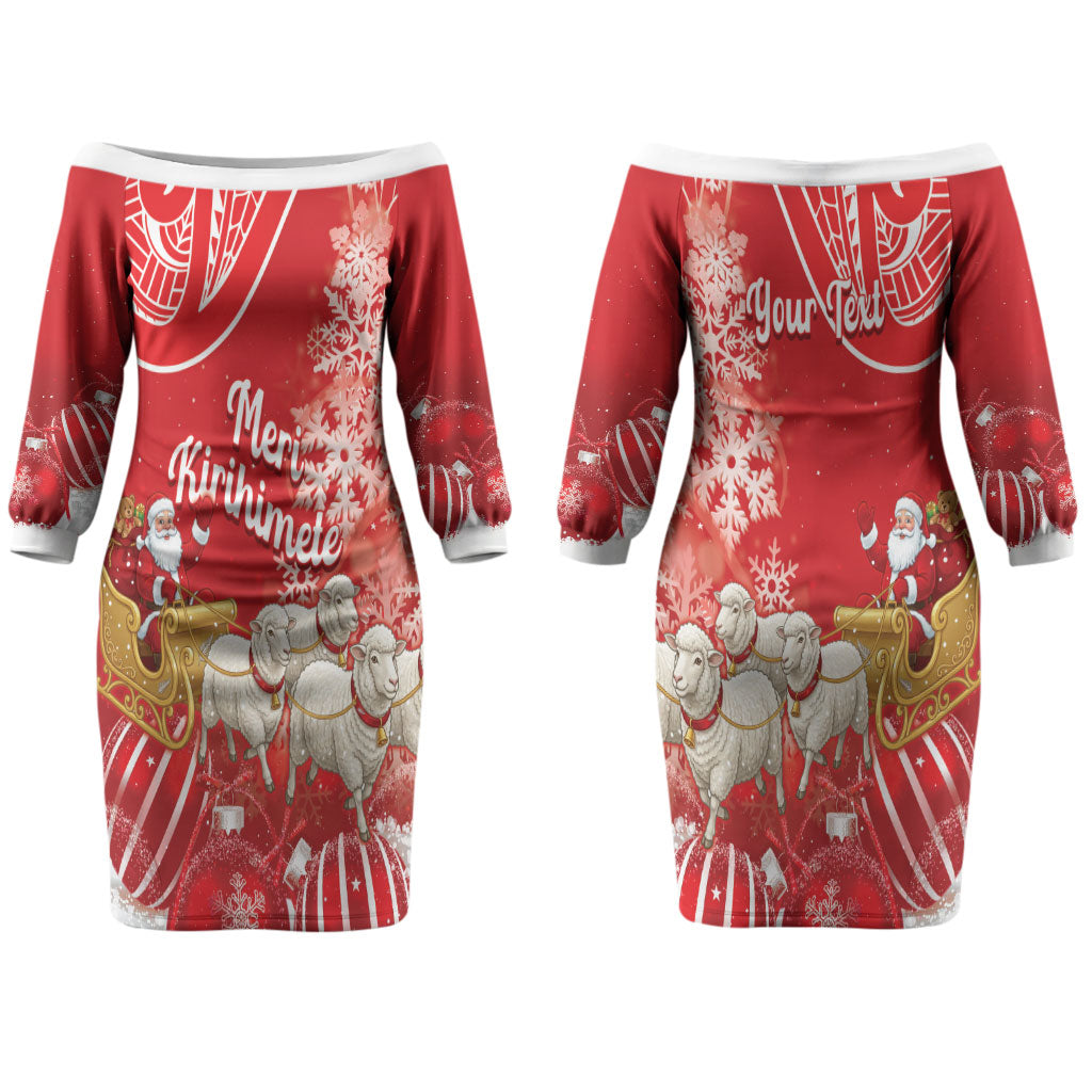 New Zealand Christmas In July Personalised Couples Matching Off The Shoulder Long Sleeve Dress and Long Sleeve Button Shirt Funny Santa Sheep Meri Kirihimete Red LT14 - Polynesian Pride