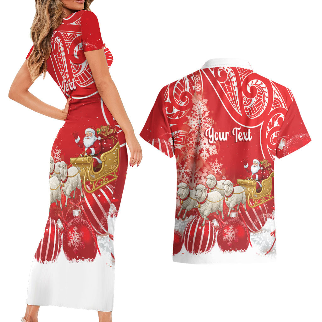 New Zealand Christmas In July Personalised Couples Matching Short Sleeve Bodycon Dress and Hawaiian Shirt Funny Santa Sheep Meri Kirihimete Red