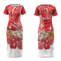 New Zealand Christmas In July Personalised Couples Matching Short Sleeve Bodycon Dress and Hawaiian Shirt Funny Santa Sheep Meri Kirihimete Red LT14 - Polynesian Pride