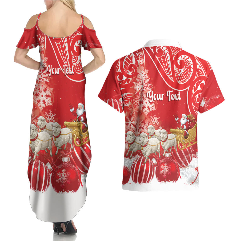 New Zealand Christmas In July Personalised Couples Matching Summer Maxi Dress and Hawaiian Shirt Funny Santa Sheep Meri Kirihimete Red