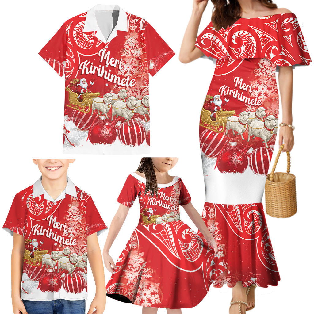 New Zealand Christmas In July Personalised Family Matching Mermaid Dress and Hawaiian Shirt Funny Santa Sheep Meri Kirihimete Red