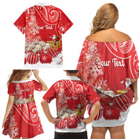New Zealand Christmas In July Personalised Family Matching Off Shoulder Short Dress and Hawaiian Shirt Funny Santa Sheep Meri Kirihimete Red