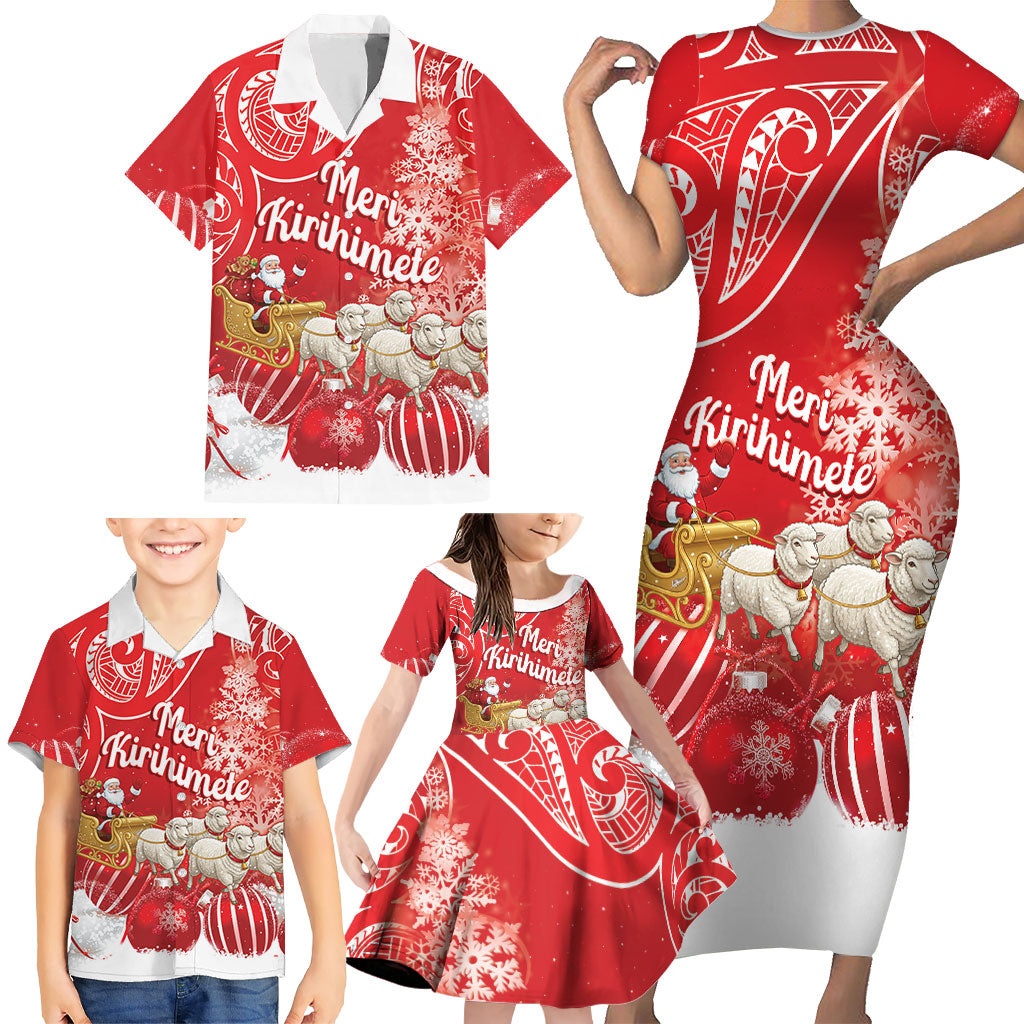 New Zealand Christmas In July Personalised Family Matching Short Sleeve Bodycon Dress and Hawaiian Shirt Funny Santa Sheep Meri Kirihimete Red