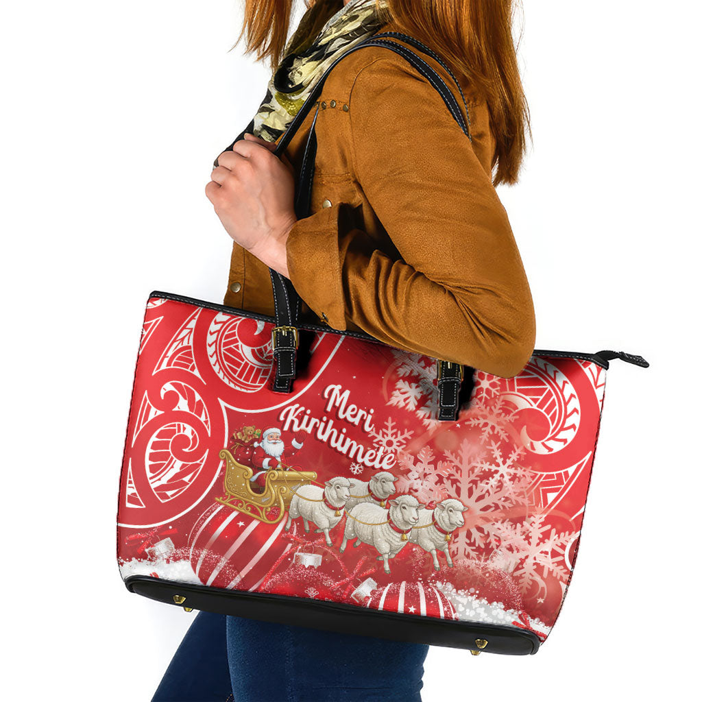 New Zealand Christmas In July Leather Tote Bag Funny Santa Sheep Meri Kirihimete Red